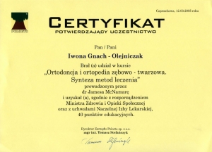 CERTYFIKAT. Ortodoncja i ortopedia zębowo-twarzowa