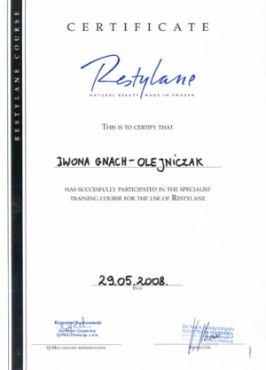 RESTYLANE CERTIFICATE