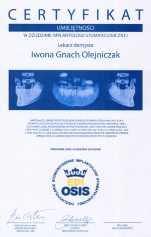Certyfikat umiejętności w dziedzinie implantologii stomatologicznej